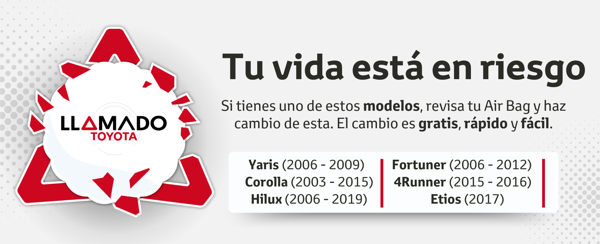 Llamado Toyota: si tienes uno de estos modelos, revisa tu Air Bag. El cambio es gratis, rápido y fácil.